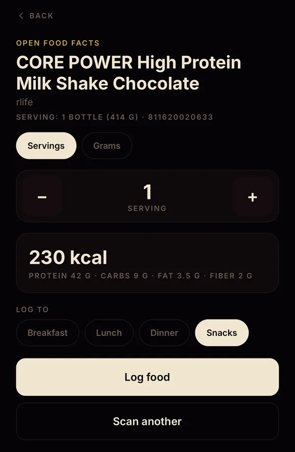Barcode result for a protein shake showing 230 calories and 42 grams of protein