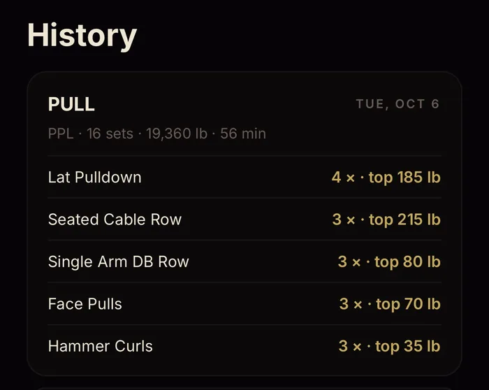 Workout history entry listing lat pulldown, seated cable row, single arm dumbbell row, face pulls and hammer curls