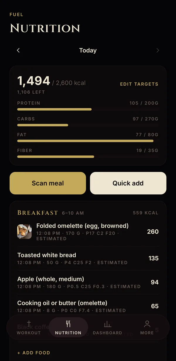 VIRTUS nutrition screen showing calories and protein, carb, fat and fiber progress