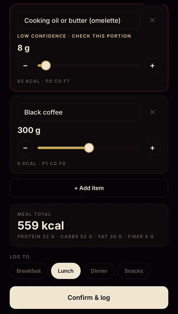 Meal scan review with portion sliders and a low-confidence warning on cooking oil
