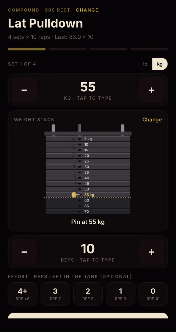 Lat pulldown set logger showing 55 kilograms, a weight stack with the pin set, 10 reps and an effort scale